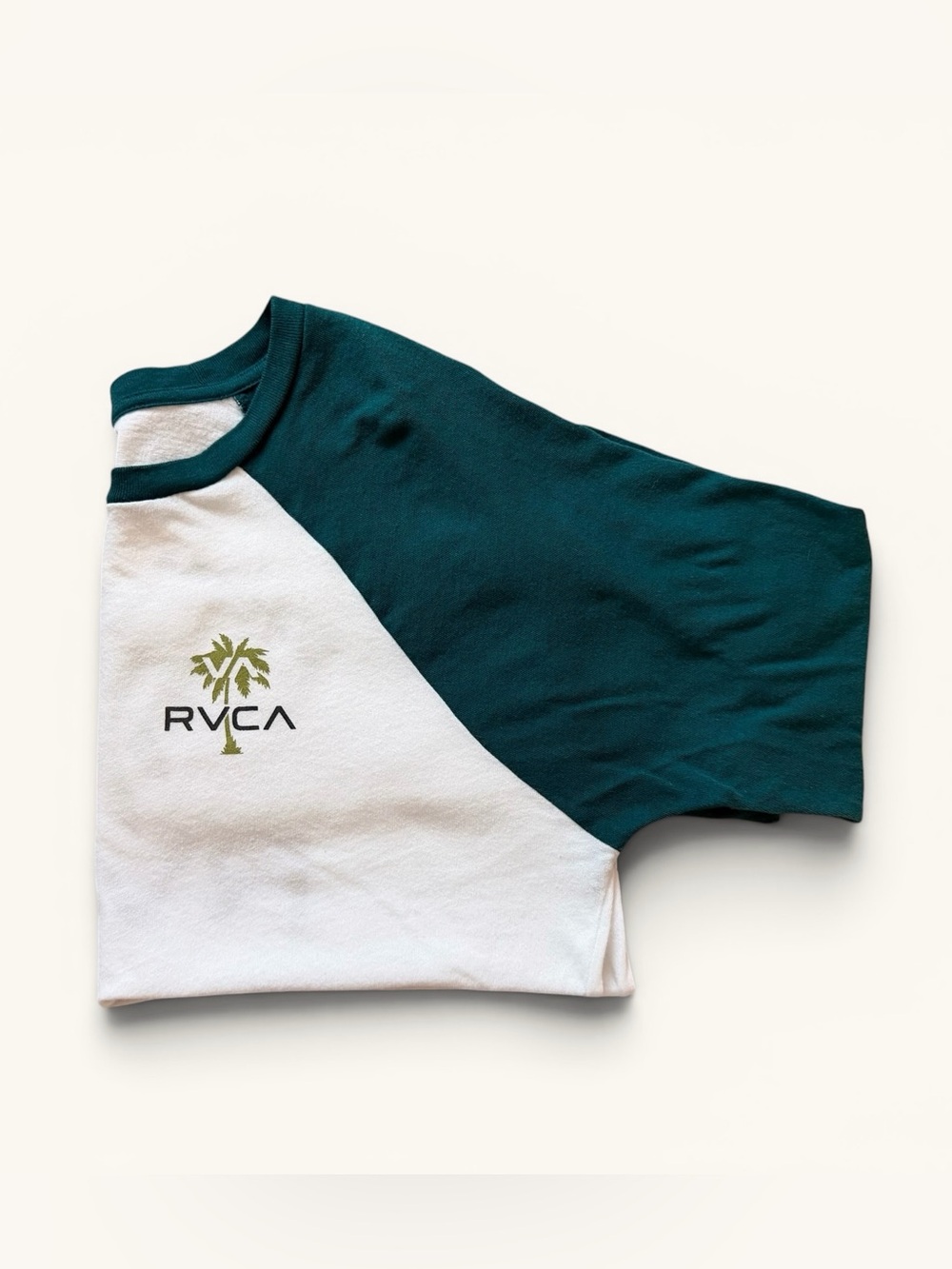 RVCA Green and White Raglan Tee with Palm Logo